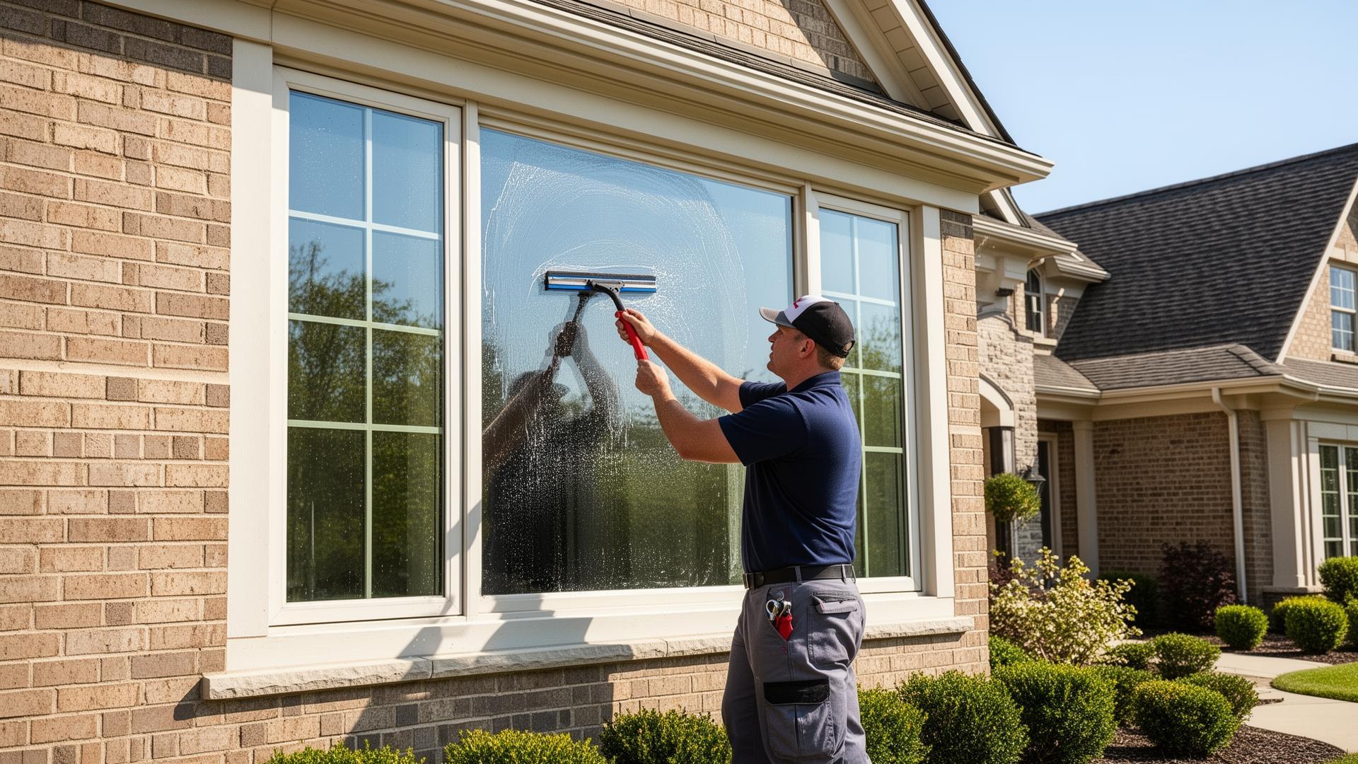 Technician squeegeeing a large exterior window on a brick home in Chagrin Falls, Ohio