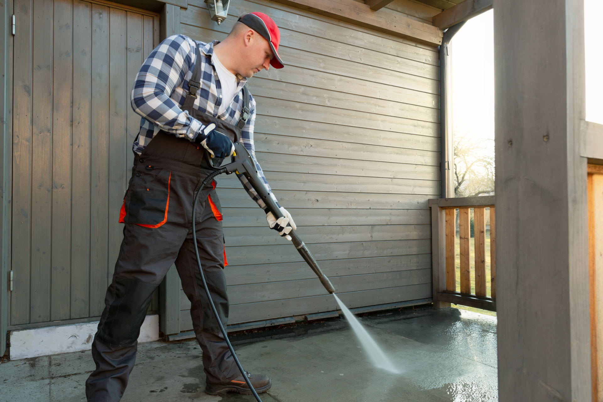 Pressure washing a covered porch and concrete floor at a residential property
