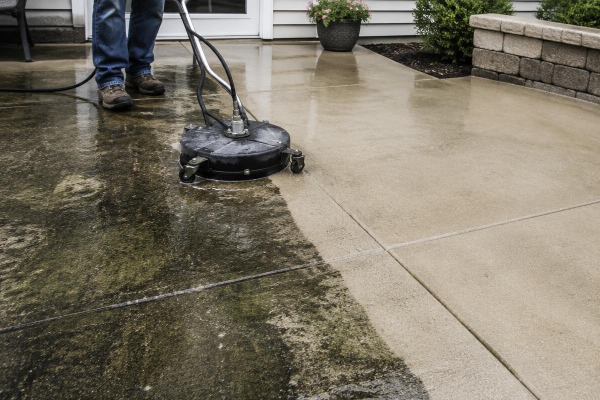 Surface cleaner removing mildew and algae stains from a concrete patio in Alliance, Ohio