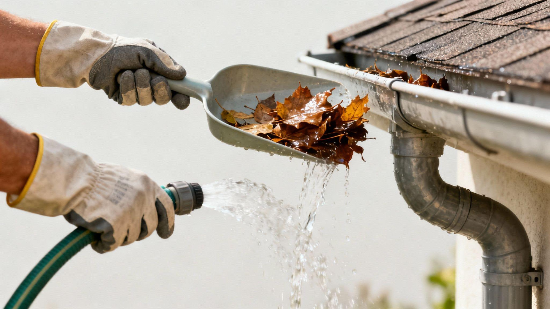 Gloved hands scooping wet leaves from a gutter in Aurora, Ohio