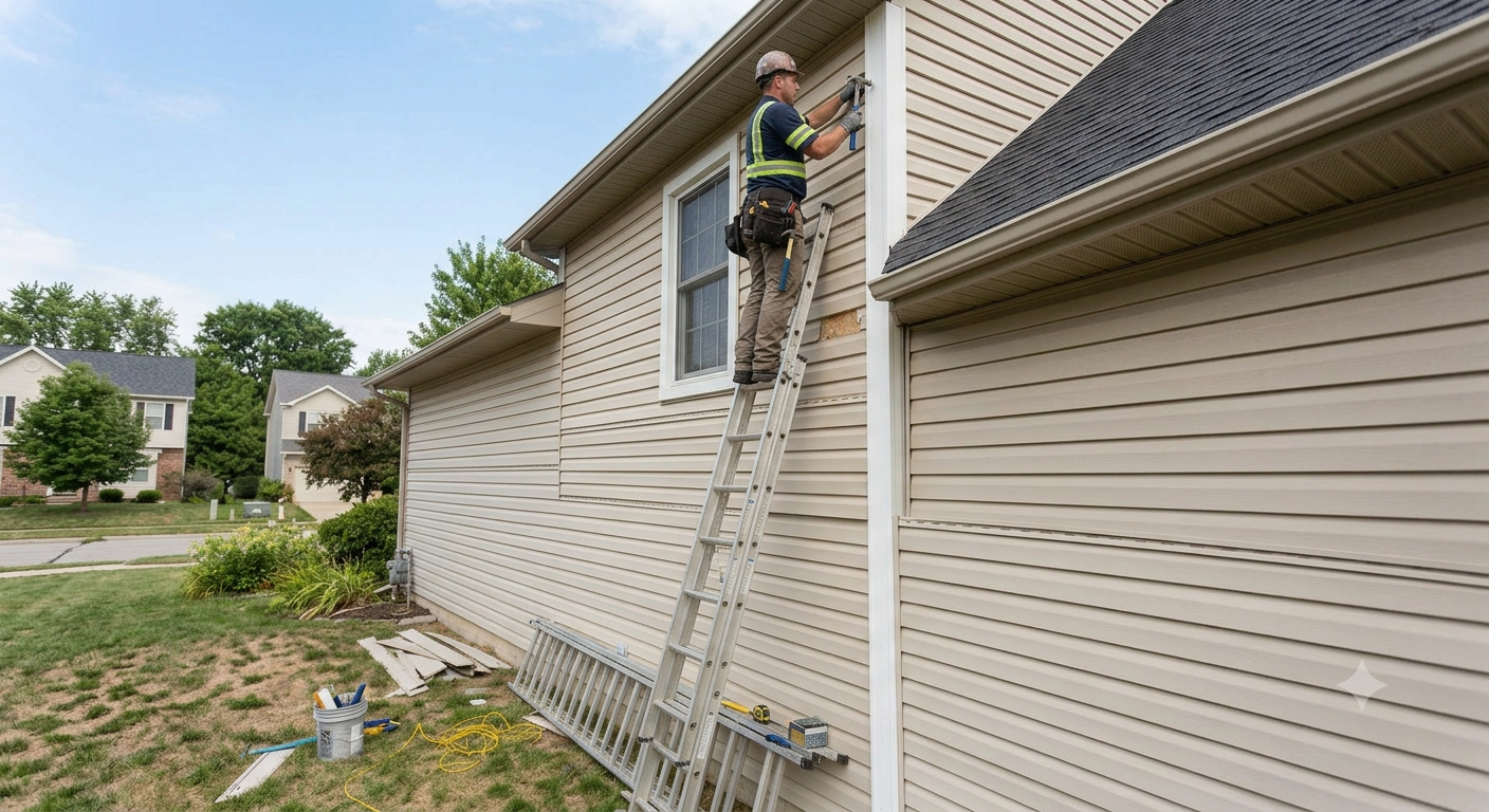 Technician on a ladder cleaning gutters on a snowy day in Northeast Ohio