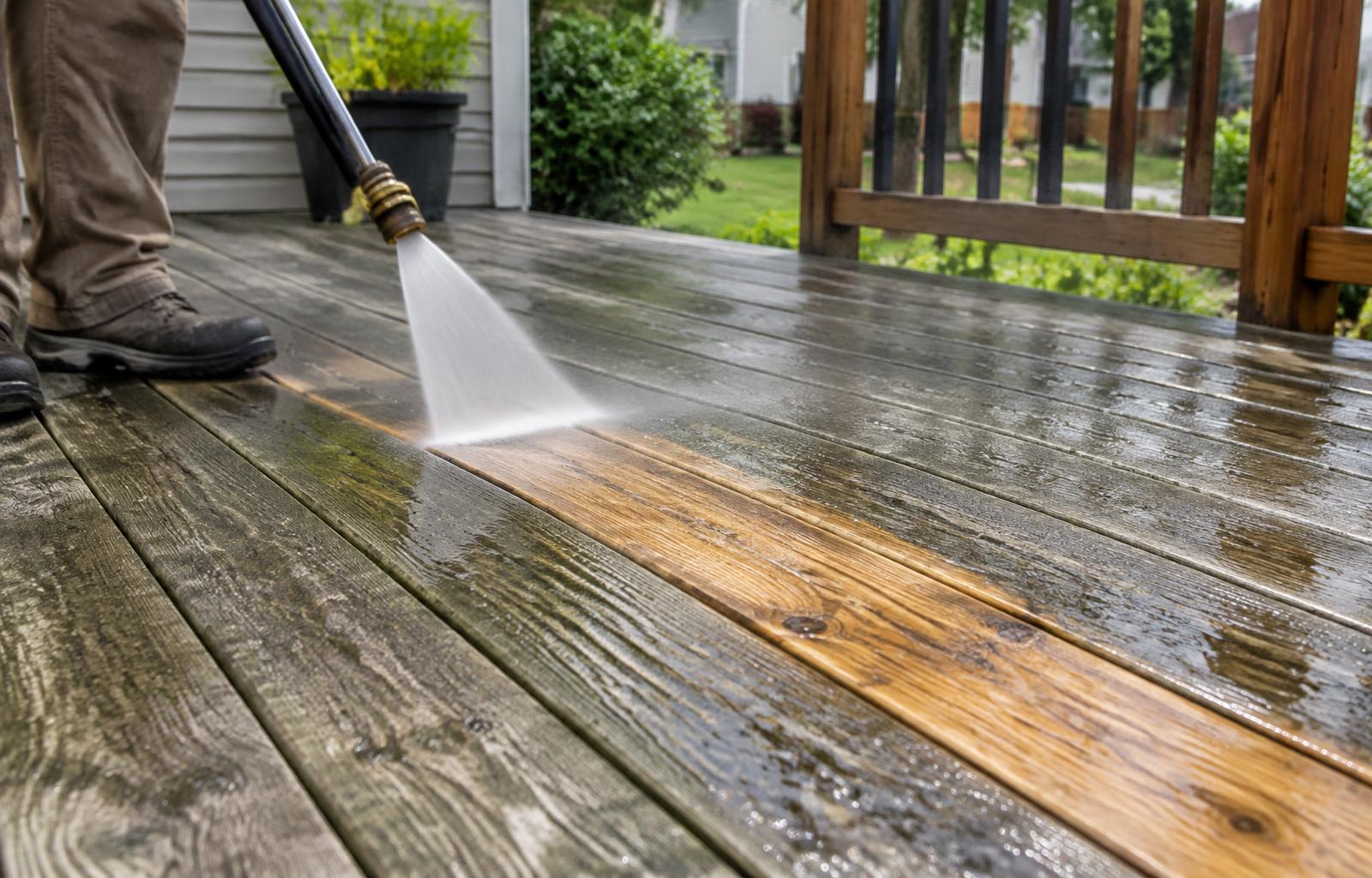 Pressure washer revealing clean wood grain on weathered deck boards in Solon, Ohio
