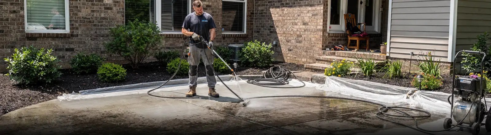 AllClear technician pressure washing a concrete patio at a brick home in Alliance, Ohio