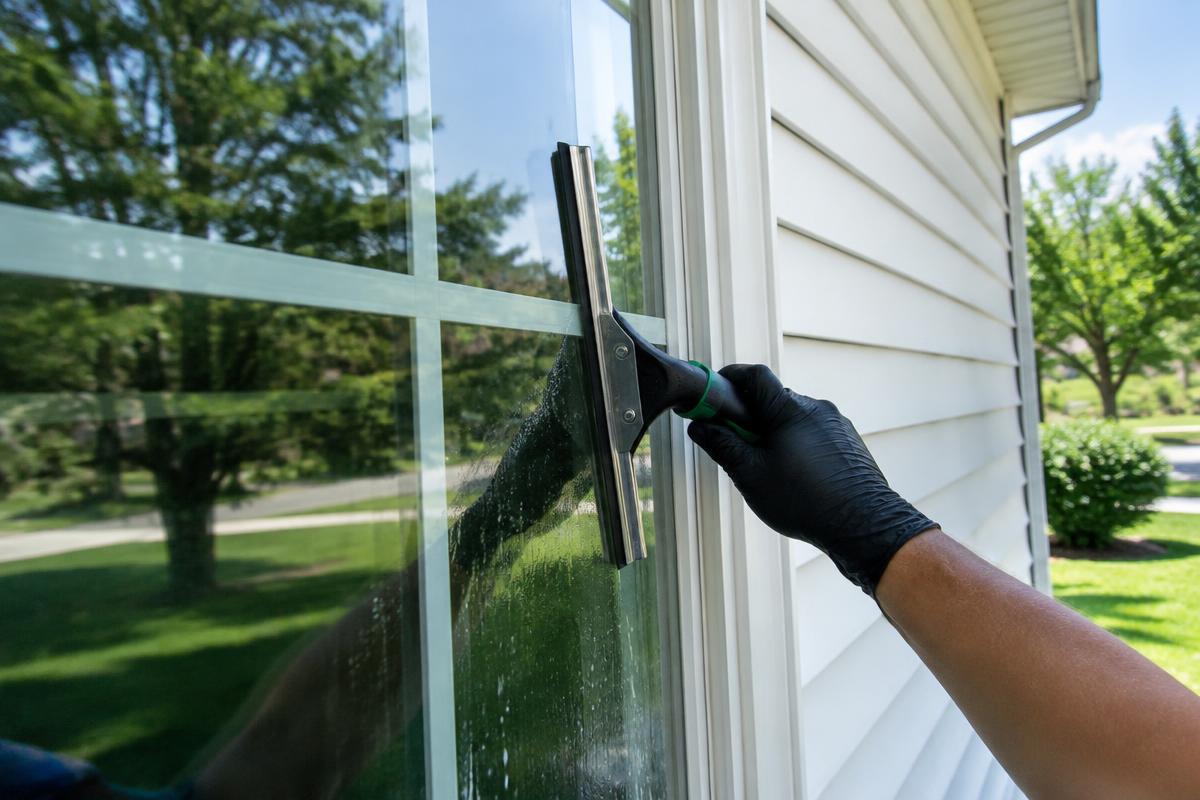 Gloved hand squeegeeing an exterior home window to a streak-free finish