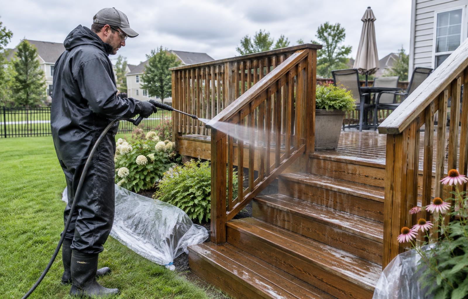 Technician soft washing deck railings and stairs while protecting landscaping in Solon, Ohio