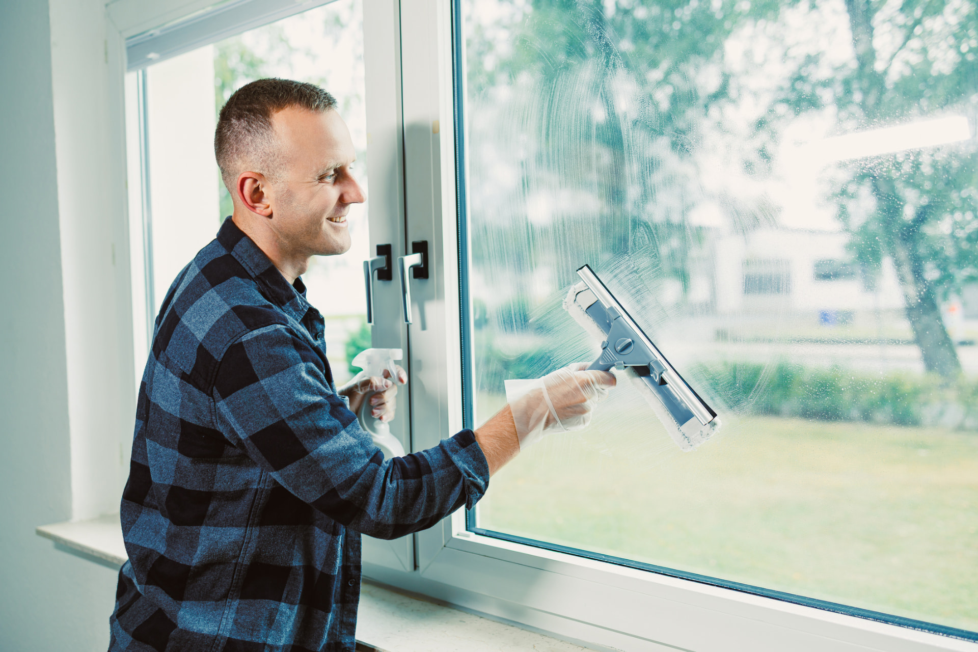 Window cleaner using a squeegee to leave streak-free glass inside a home