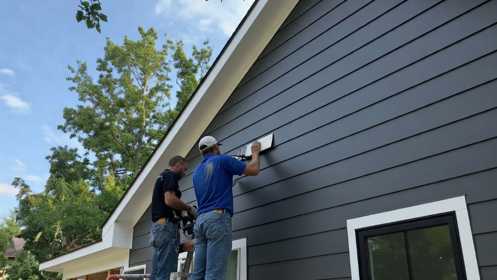 Two technicians pressure washing a house exterior in Alliance, Ohio