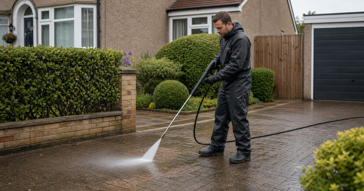 Technician jet washing a brick paver driveway outside a home in Alliance, Ohio