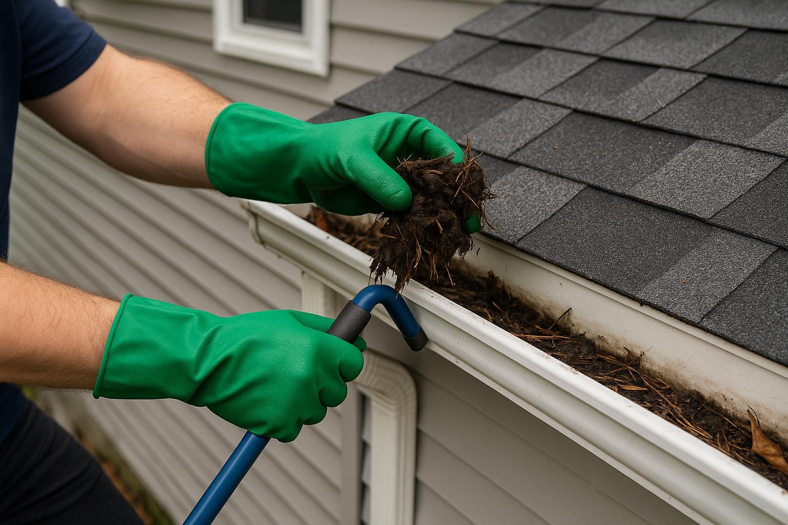 Gloved hands scooping packed debris out of a home gutter in Aurora, Ohio