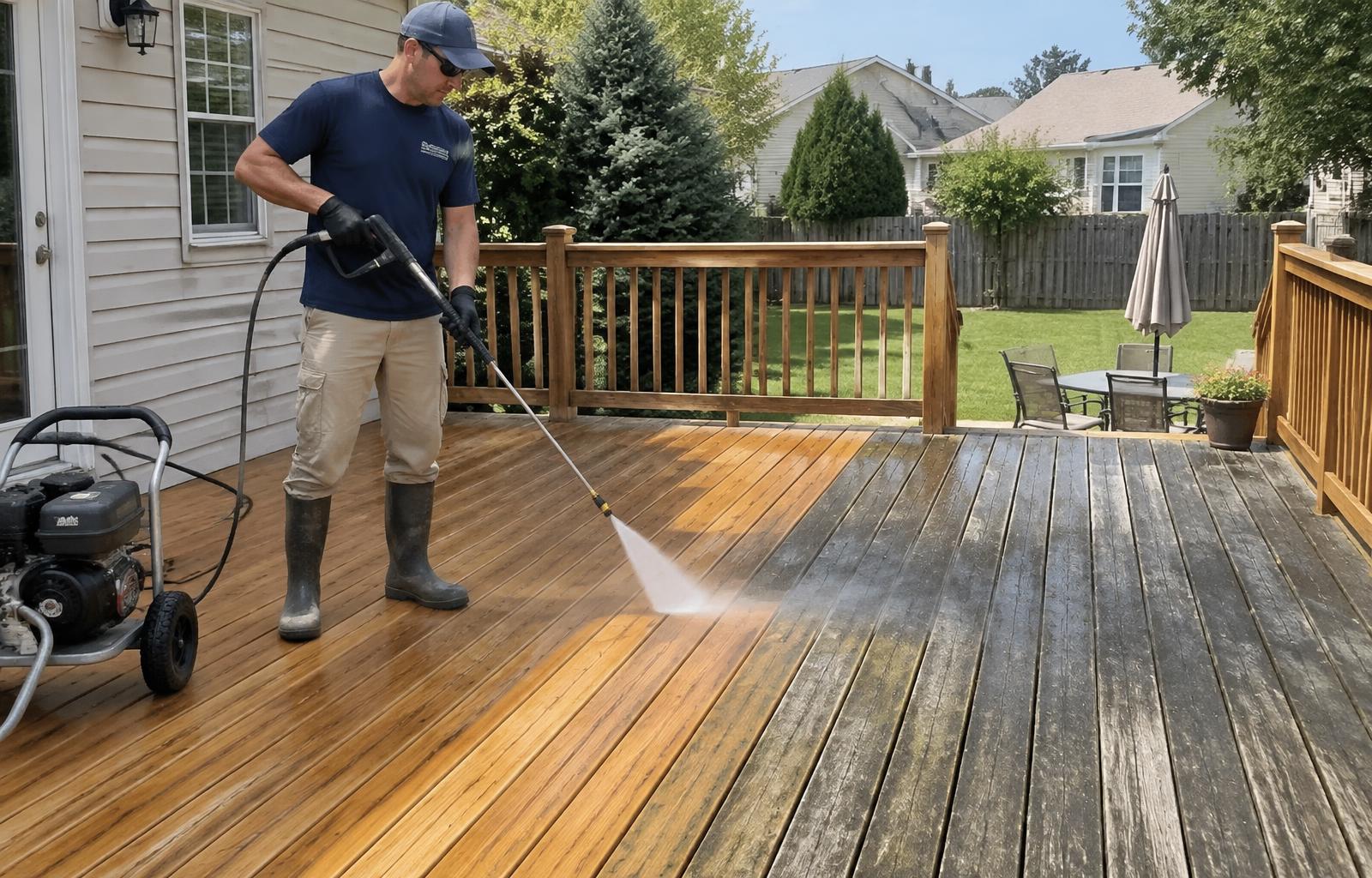 Restored wooden deck after professional pressure washing in Solon, Ohio