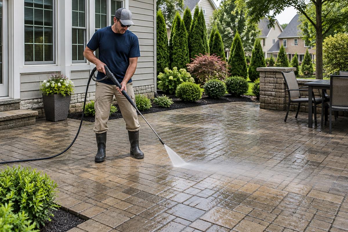 Technician pressure washing a paver patio beside a home in Alliance, Ohio