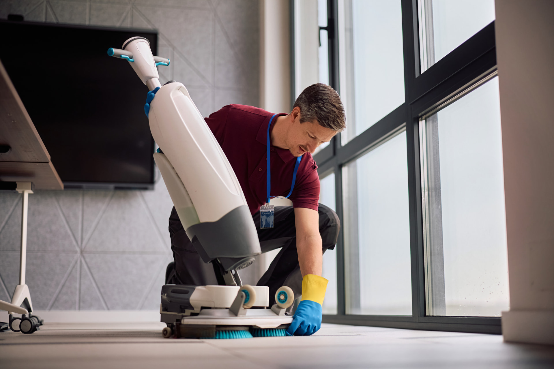 Commercial floor scrubbing in an office suite during an AllClear interior clean
