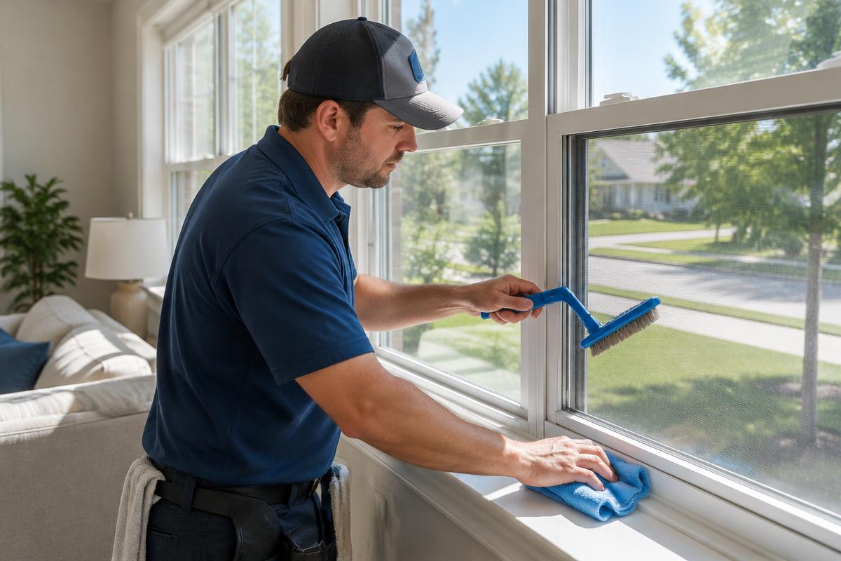 Window cleaner brushing a screen and wiping a sill inside a bright living room