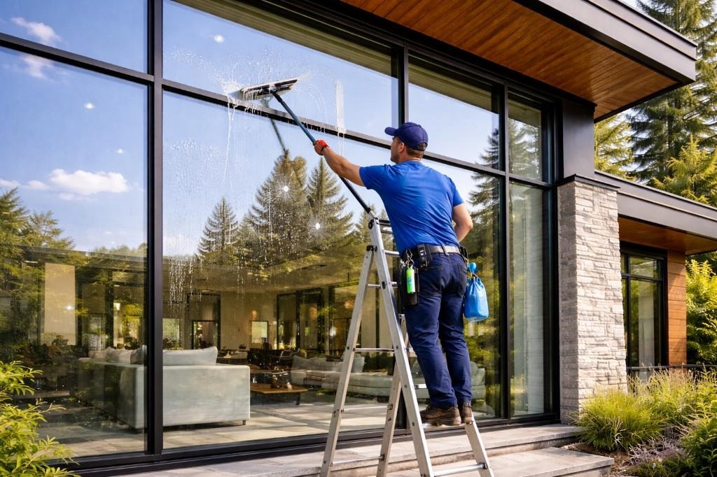 Window cleaner on a ladder washing floor-to-ceiling glass on a modern home in Solon, Ohio