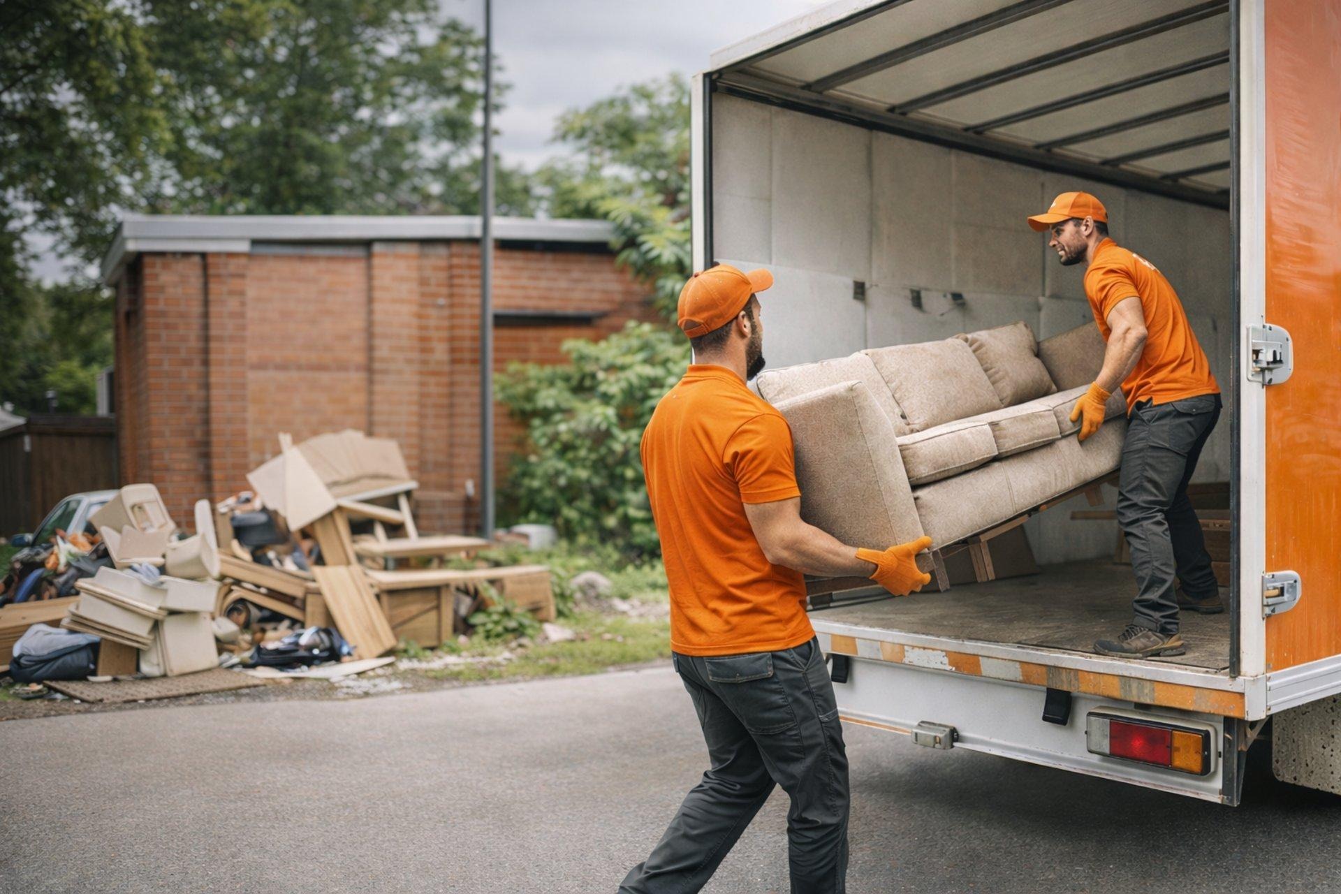 Two AllClear crew members loading a couch into a junk removal box truck in Kent, Ohio