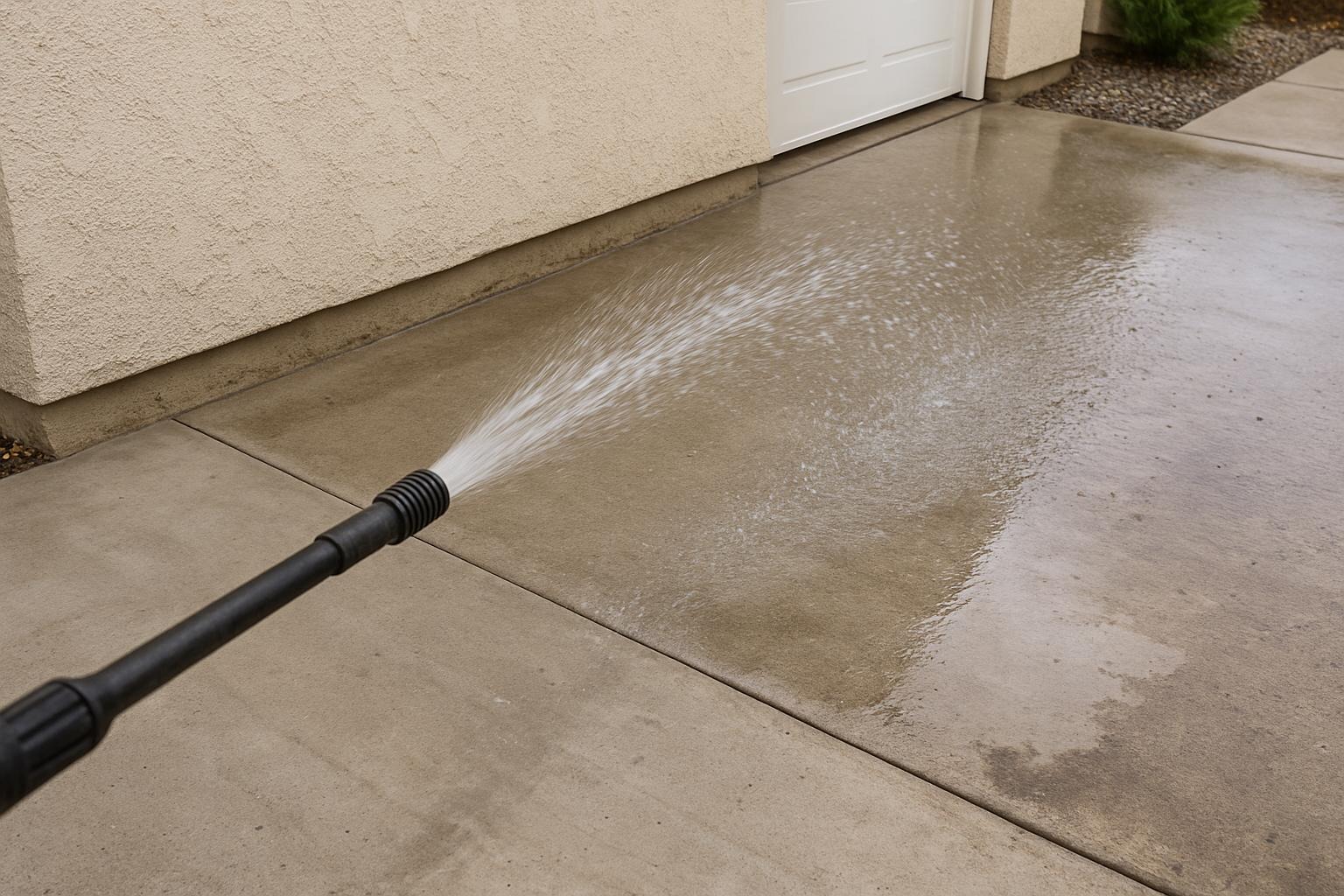 Pressure washer wand rinsing grime off a concrete driveway apron in Bainbridge, Ohio