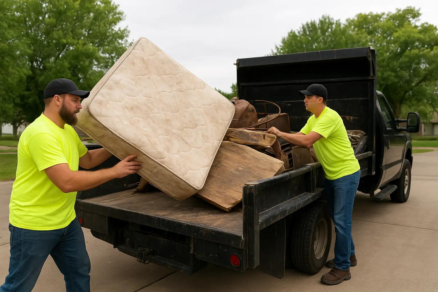 AllClear crew loading a mattress into a junk removal truck in Kent, Ohio